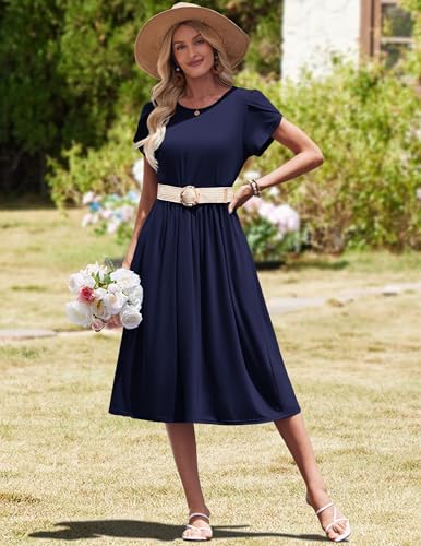 Image of HOTOUCH Women's Summer A-Line Midi Dresses 2026 Casual Floral Short Sleeve T-Shirt Dress Flowy Beach Sundress with Pockets