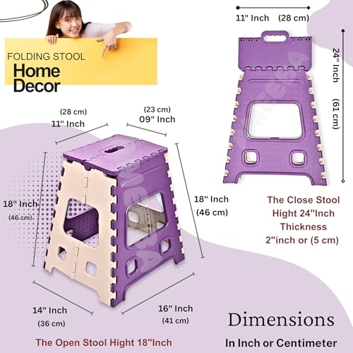 Image of AMEEBA 18 Inch Super Strong Folding Step Stool to Support Adults and Safe Enough for Kids. Opens Easy with One Flip, Great for Kitchen, Bathroom, Bedroom, Kids or Adults (Purple)