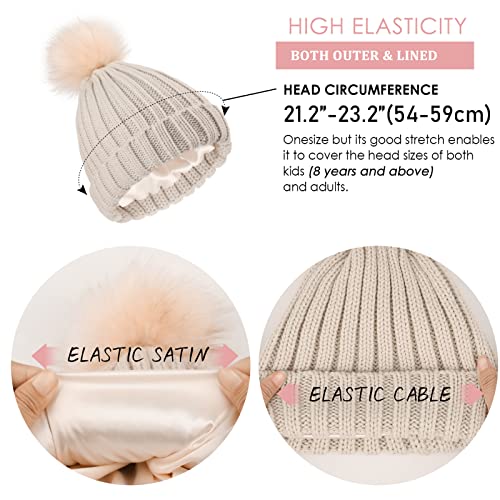 Shinchic Womens Winter Satin Lined Beanie Hat Cuffed Faux Fur Pom Hat Knitted Warm Soft Skull Cap Beige #TOP4