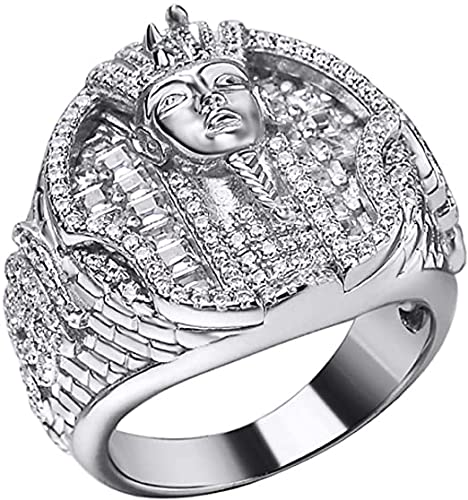 HarlemblingMen's Hip Hop Ring - Solid 925 Sterling Silver - Fully Iced Baguette Mens Ring - Egyptian Pharaoh King Tut Ring