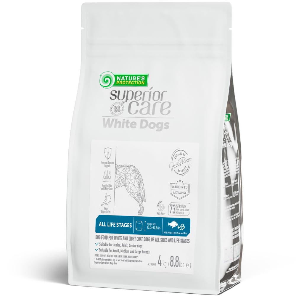 Nature's Protection Superior Care White Dogs Rice Based Dry Dog Food - High Protein, Tear Stain Dog Food for All Breeds Light Coated All Life Stages Dogs, Fresh Pet Meal, White Fish, 8.8 lb