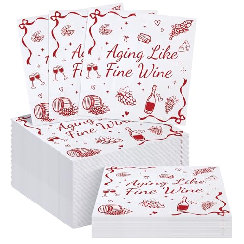 Watersay 100 Pcs Aging Like Fine Wine Party Napkins Disposable Paper Birthday Cocktail Napkins with Red Wine & Grape Design Ideal for Birthday Retirement Anniversary Party Table Decorations