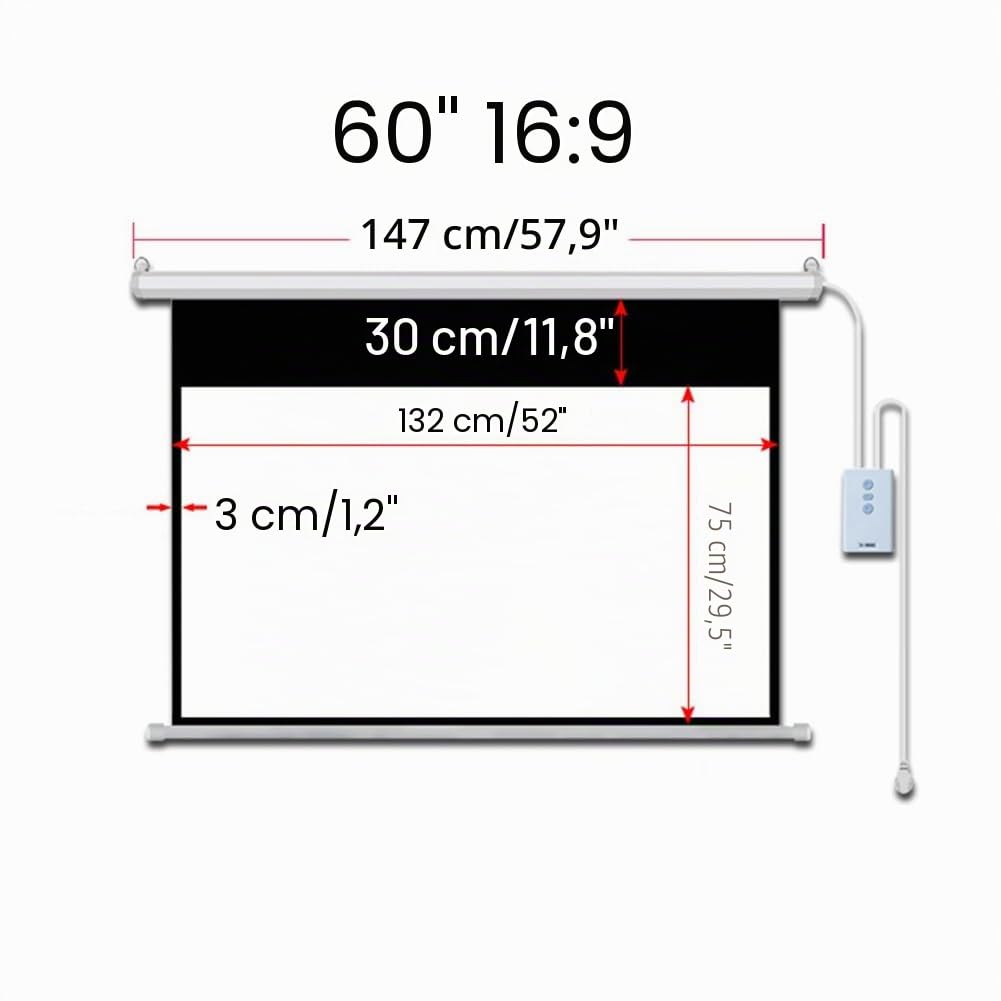 Pantalla de proyector motorizada de 60″ 16:9, 4K HD, eléctrica, automática, retráctil y con Control Remoto for el hogar, la Oficina y el Aula.