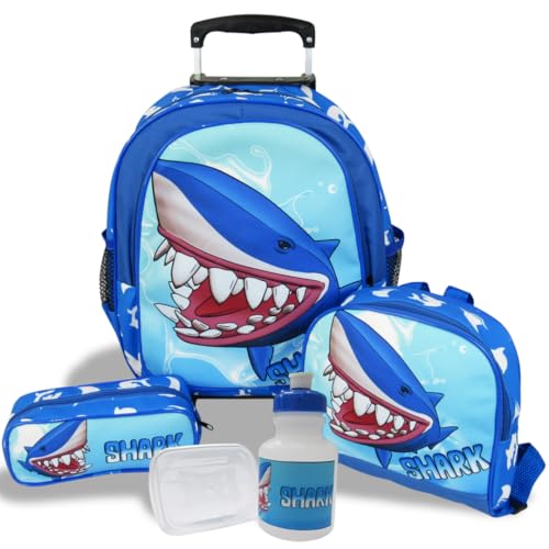 Kit Mochila Shark Tubarão Com Rodinhas Tam M com Lancheira e Estojo