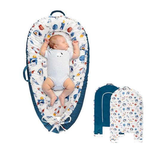 Image of Jundetye Baby Lounger Cover for Boys Girls, Reversible Baby Nest Cover, Adjustable Baby Lounger Replaceable Cover for Infant Newborn, Portable and Machine Washable, Cotton Blue Rocket Cover Only