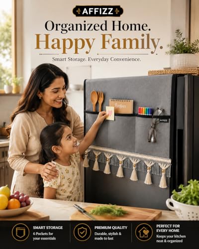 Image of Premium Decorative Refrigerator Cover with Tassel Lace & 6 Side Pockets | Waterproof, Dustproof & Washable Polyester Fridge Top Protector | Kitchen Organizer Fridge | 130 x 54 cm | Grey