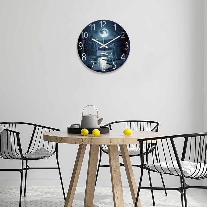 Image of XFM Moon Glass Wall Clock 12 Inch Dark Blue | Silent Non Ticking Battery Operated Round Analog Modern Nature Decorative for Living Room Kitchen Bedroom Decor