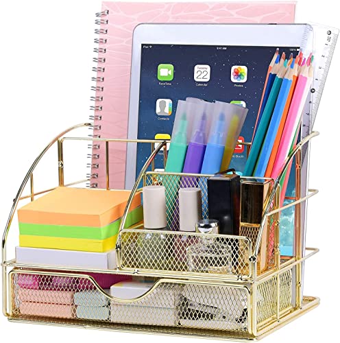 Image of iwilon Desk Organizer with Drawer | Metal Mesh Multipurpose 6 Compartment Storage Holder | Stationery, Makeup, Office Supplies Organizer (Gold) (22.3X15X14.9 CM)