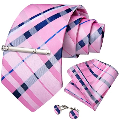 Image of DiBanGu Mens Silk Plaid Tie and Pocket Square Set | Elegant Silk Formal Tie Set, Woven Check Necktie and Cufflinks Tie Clip Set, Perfect for Wedding Party, Comes in Gift Box