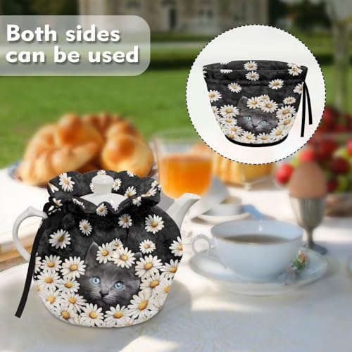 Image of Russian Blue Cat Print Tea Pot Cosy Daisy Print Teapot Insulation Cover Drawstring Design Breakfast Warmer with Insulation Pad 6.1x6.1x6.9 Inch Tea Cozy for Teapot