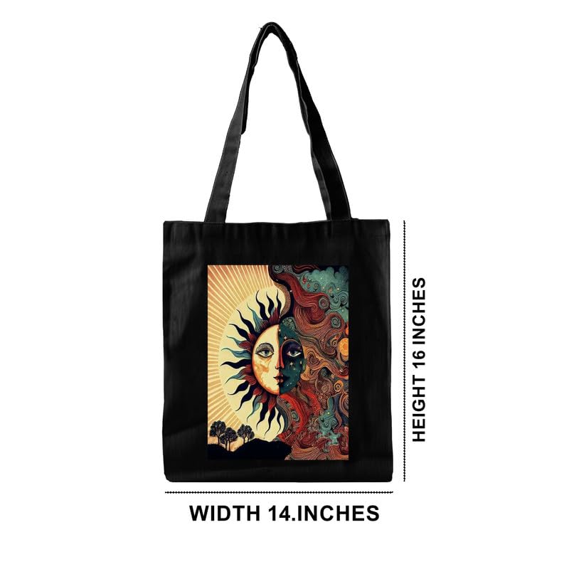 Image of Black Tote Bag With Pocket Printed Designed Canvas Tote Bags For Women large capacity,Tote bag For Shopping, College, Travel, More Canvas Handbag For Unisex Bag