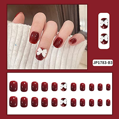 Falsche Nägel Nagelflecken Runde Volle Nägel Tipps Nagelkunst- Dekorationen 24 Stück Tragen Sie kurze quadratische Köpfe Falsche Nägel Rote Farbe mit Schleife Dekor Maniküre Falsche Nägel Tragbarer – Bild 3