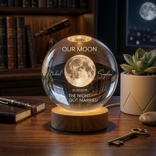 Image of Evamall Custom Moon Phase Crystal Ball Night Light, Personalized LED Crystal Globe for Couples, Wedding Anniversary Keepsake, Valentine's Day Gift, The Night We Got Married