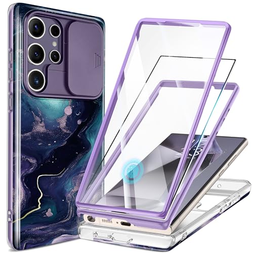 Image of GVIEWIN for Samsung Galaxy S24 Ultra Case, [Slide Camera Cover & Built-in HD Screen Protector] [2 Front Frames] Shockproof Military Grade Protective Marble Phone Case for S24 Ultra 6.8 inch(Floating)