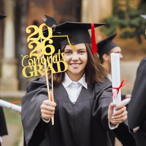 Image of Graduation Decorations 2026, 16PCS Graduation Centerpieces for Tables, Class of 2026 Graduation Party Decorations, Gold and Black Grad Party Decors Table Toppers Sticks