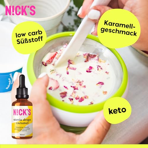 NICKS Stevia Flüssig Flavour Drops Karamell (50ml) Keto Zuckerfreie Tafelsüße ohne Kalorien, Low carb Zuckerersatz, Süßstoff, Flüssigsüße, Alternative zu Zucker, Süßungsmittel mit Pipette