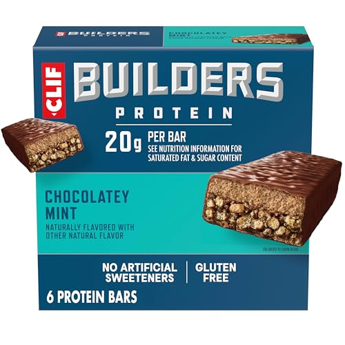 CLIF BUILDERS Protein Bars - Chocolate Mint Flavor - 20g Plant Based Protein - Gluten Free - Non-GMO - Low Glycemic - No Artificial Sweeteners - 2.4 oz. (6 Pack)