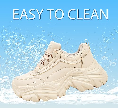 Image of K KIP WOK Chunky Sneakers for Women Fashion Platform White Leather Casual Dad Shoes Comfortable Wedge Walking Sport Sneakers | White Leather Casual Dad Shoes Comfortable Wedge Walking Sport Sneakers