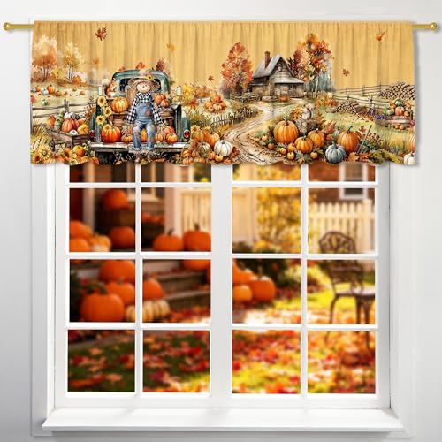 JNDJE Fall Valance for Windows Autumn Harvest Scarecrow Kitchen Decor Valance Curtain Rod Pocket Classic Country Farmhouse Decorations 18x54 Inch Window Treatment for Bathroom Living Room