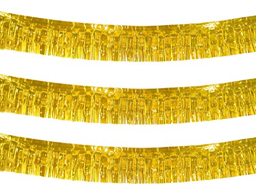 10 Feet Long Roll Foil Fringe Garland - Pack of 3 | Shiny Metallic Tassle Banner | Ideal for Parade Floats, Bridal Shower, Wedding, Birthday | Wall Hanging Fringe Garland Banner (Gold)