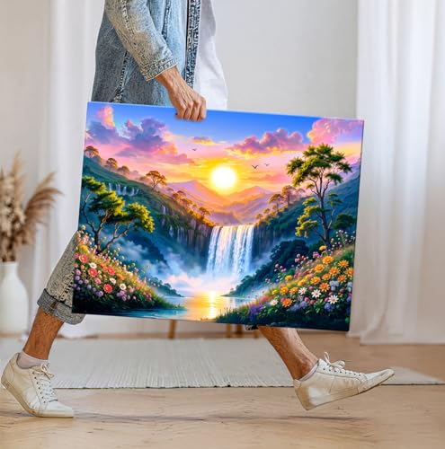 Image of ArtX Canvas Rising Sun Painting For Vastu, Big Size Wall Art Scenery, Water Stream, Waterfall Painting Vastu, Multicolor, Nature, 58.0 X 45.0 cm, Set of 1