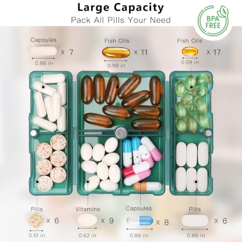 Image of FYY Travel Pill Organizer,7 Compartments Pill Box Medicine Case-Deep Green