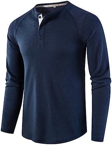 Mens Long Sleeve Waffle Henley T-Shirt 3 Button Solid Color Slim Fit V-Neck T-Shirt