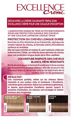 L’ORÉAL PARIS - Coloration Cheveux Permanente Triple Soin - Couvre 100% des Cheveux Blancs - Excellence Crème - Nuance : Blond Clair Cendré (8.10) (Lot de 2)