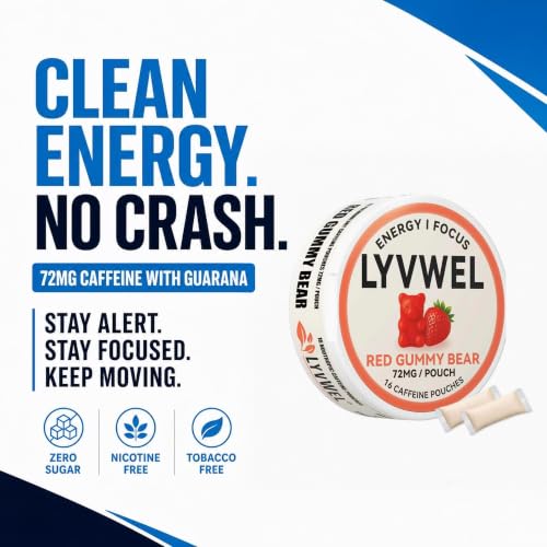 Image of LyvWel 72mg Caffeine Energy Pouches - Watermelon, Red Gummy Bear, Pineapple Crush - Juicy Clean Energy with Guarana - 3-Pack (48 Total Pouches)