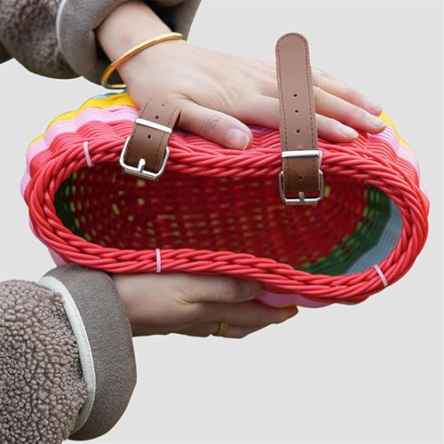 Yeehliny Fahrradkorb Kinder, Fahrradkorb Geflochten für Mädchen und Kinder vorne, Laufradkorb Lenkerkorb Lenkerkörbchen Körbchen für Fahrrad aus Kunststoff, mit Lederriemen (Stil B/23.5cm/Bunt)