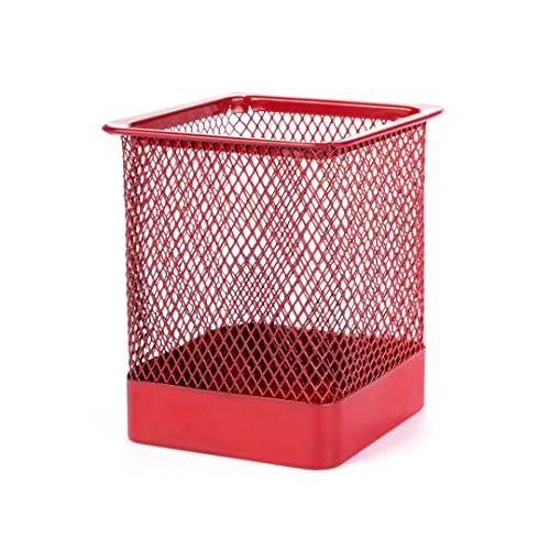 Porte-crayon carré en maille métallique | Cubilet porte-crayons Bureau | Pot crayons original (Rouge) Cover