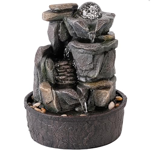 LEOM Indoor Fountain with Rolling Ball LED Lights, Tabletop Fountain Waterfall Feature, Indoor Waterfall Sound, Zen Relaxation, Natural Humidifier, Home Decor, 25cm Tall