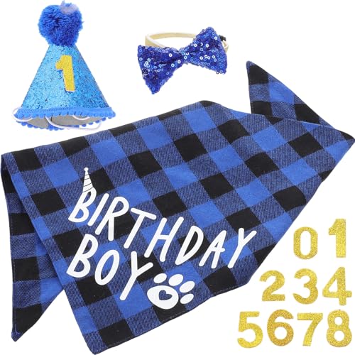 Set de disfraz de cumpleaños para perro con bufanda azul