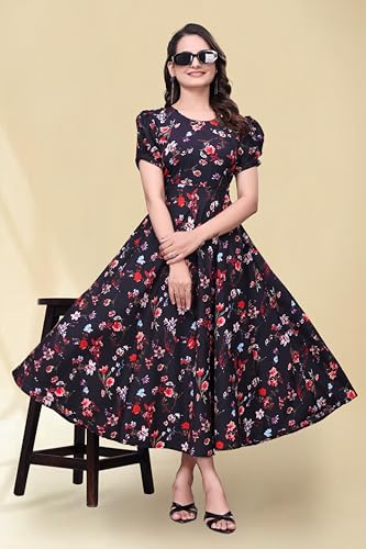 Image of Women's A-Line Crepe Maxi Dress | Stylish Fit and Flare Dress with Round Neck Short Puff Sleeves for Casual Wear