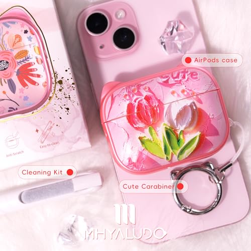 Image of for AirPods Pro 2 Case with Cleaning Kit, Cute Cat Ear Print Design & Cute Buckle for Girls, Phone Holder & Top Safe Lock Buckle Design for AirPods Pro 2nd /1st Gen case, Tulip