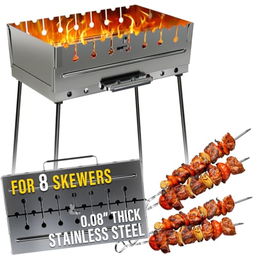Stainless Steel Charcoal Grill for 8 Skewers Portable BBQ 16.939.4516.93 Foldable Kabob Mangal Rustproof Shish Kebab Grill for Outdoor Cooking (Skewers Not Included)