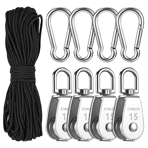 M15 Bloque de Polea de Acero Inoxidable 9 Piezas Poleas Para Cables Acero Grúa Polea Bloque con 30M Nylon Polea Línea Cuerda y mosquetón Broches de gancho seguridad Cover