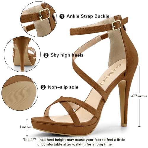 Allegra K Women's Stiletto Heel Zipper Platform Ankle Strap Brown Sandals 6 M US2
