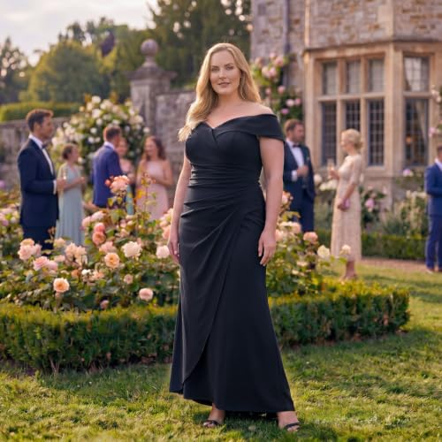 Image of Alex Evenings Women's Off the Shoulder Stretch Crepe Dress with Fishtail Back, Floor Length Mother of the Bride Dress