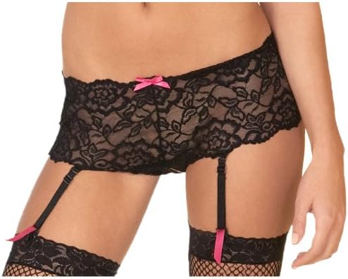Rene Rofe Women's Crotchless Lace Boyleg W/Removable Garters, Black, Medium/Large