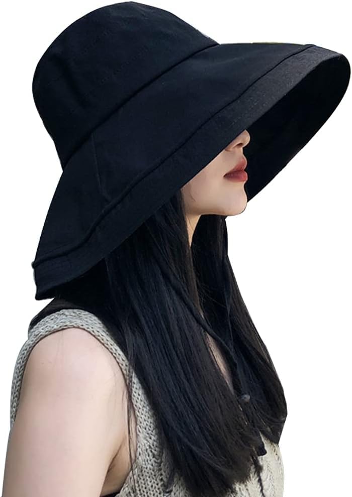 Wide Brim Sun Hat for Women, UV Protection Bucket Hat with Adjustable Strap, Packable Travel Friendly Summer Hat (Black)