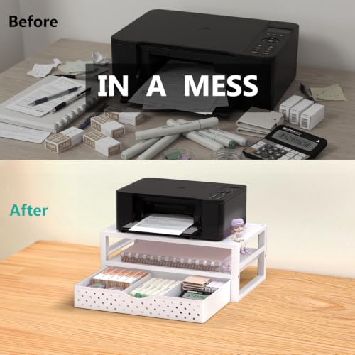 Image of WALI Desk Organizer with Drawer，Computer Monitor Stand with Storage, Desk Organizers and Accessories for Computer, Printer, Laptop Riser for Home Office Supplies, (PTT005-W), 1 Pack, White
