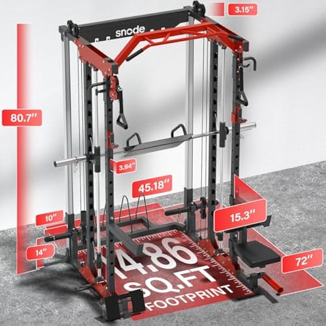 SNODE ALL10 Smith Machine for Home Gym, Power Rack with Cable Crossover, Squat Rack with Leg Press and Advanced LAT Pull-Down, 2000LB Weight Capacity