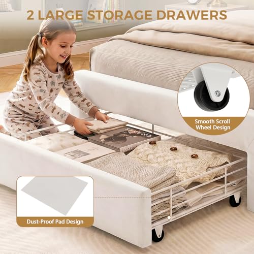 Image of Beige Twin Size LED Bed Frame with Storage Headboard, Upholstered Velvet Princess Bed for Girls with 5 Charging Ports (USB-C & AC), Hidden Privacy Compartment, Sturdy Aluminum Frame & 1 Silent Drawers