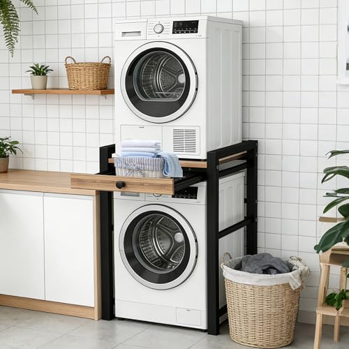 Ogimeka Waschmaschinenregal Waschmaschine Trockner Schrank Waschmaschinenschrank mit Ausziehbare Tablettschublade für Badezimmer Balkon Tragfähigkeit 350 kg 75x65x104cm (Schwarz B)