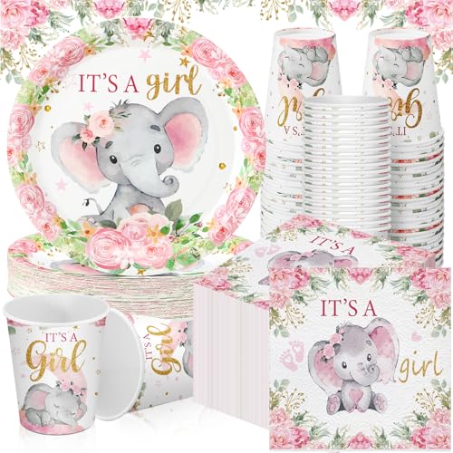 Assiettes éléphant rose baby shower fille pour 50 invités