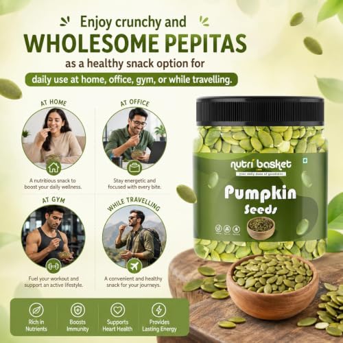 Image of NUTRIBASKET Premium Pumpkin Seeds | Raw Pepitas for Snacking, Baking & Cooking | Protein & Fiber Rich Healthy Seeds | Natural Superfood Snack | Reusable Jar Pack | Vegan & Gluten Free (400g x 2)