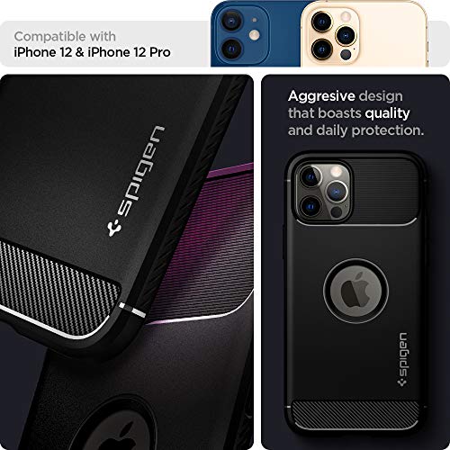 Image of Spigen Rugged Armor Back Cover Case for iPhone 12 Pro /12, Carbon Fiber Detail, Resilient Shock Absorption - TPU | Matte Black