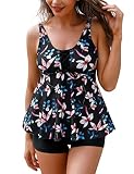 Cyrakt Tankini Damen Badeanzug Bauchweg Bademode Push Up Bikini Damen Strap Print Zweiteiler Set Top Mit Short Badekleid Badeshorts Shapewear Tankinis Für Damen Beachwear Sommer, Schwarz Rosa, XXL