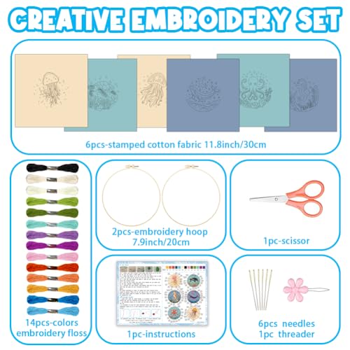Image of ACRNIGHEET 6PCS Embroidery Kit for Adults Beginners, Sea Animals Embroidery Starter Kit, Stamped Cross Stitch Kits for Crafts Lovers Gift Idea, Include Instructions 6 Stamped Embroidery Cloth 2 Hoop